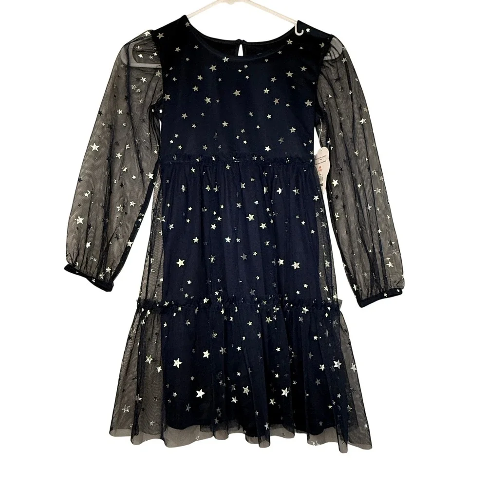 Wonder Nation Girls 7-8 Navy Silver Star Tulle Party Dress Long Sleeve NWT